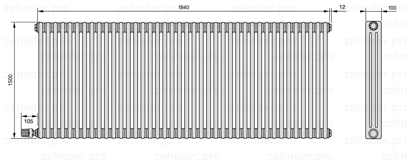 Схема (чертеж) Радиатор Zehnder Charleston 3150/40 №V003 Белый глянцевый RAL 9016